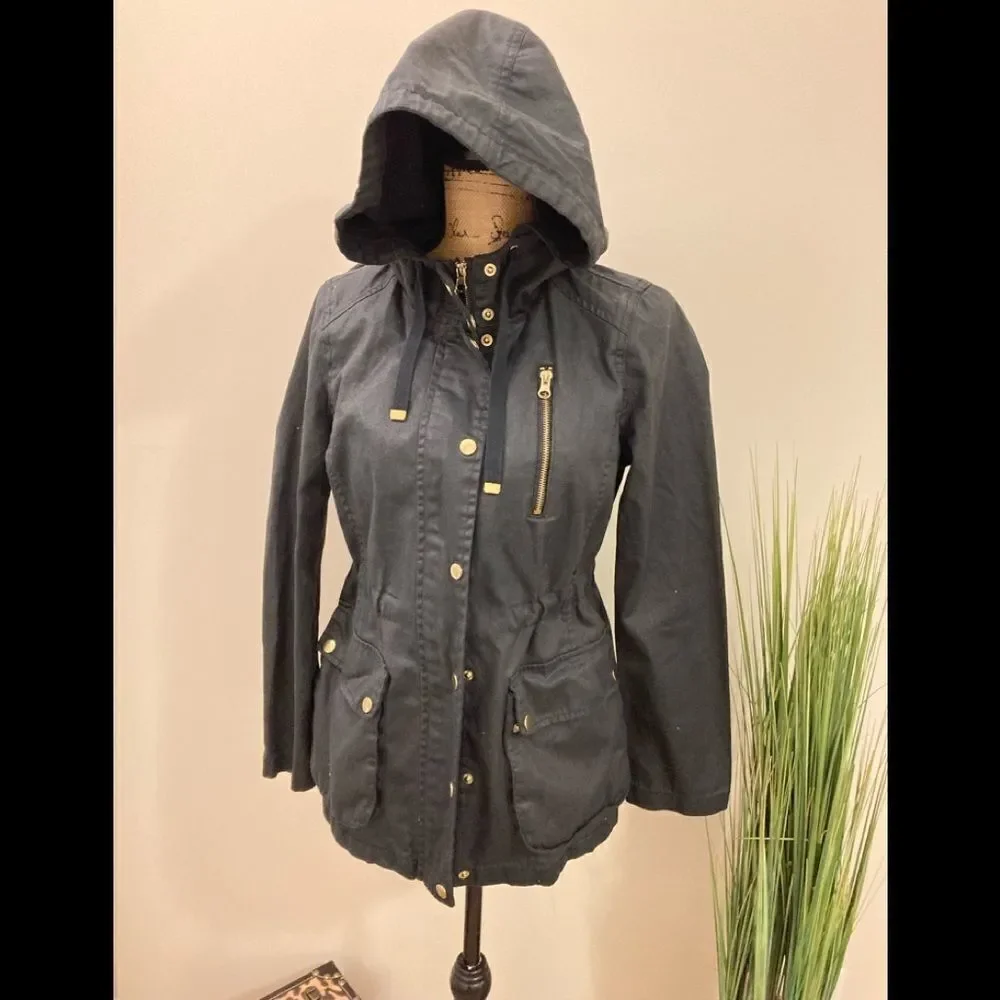 Forever 21 Black Cinch Waist City Zipper Jacket W Hood & Gold Accents S - Picture 1 of 12